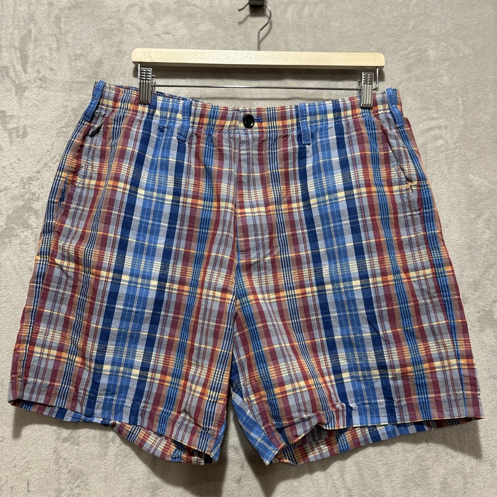 Gap Easy Linen Blend Shorts Mens L Blue Plaid Elastic Waist Chino‎ 6 Inch Inseam